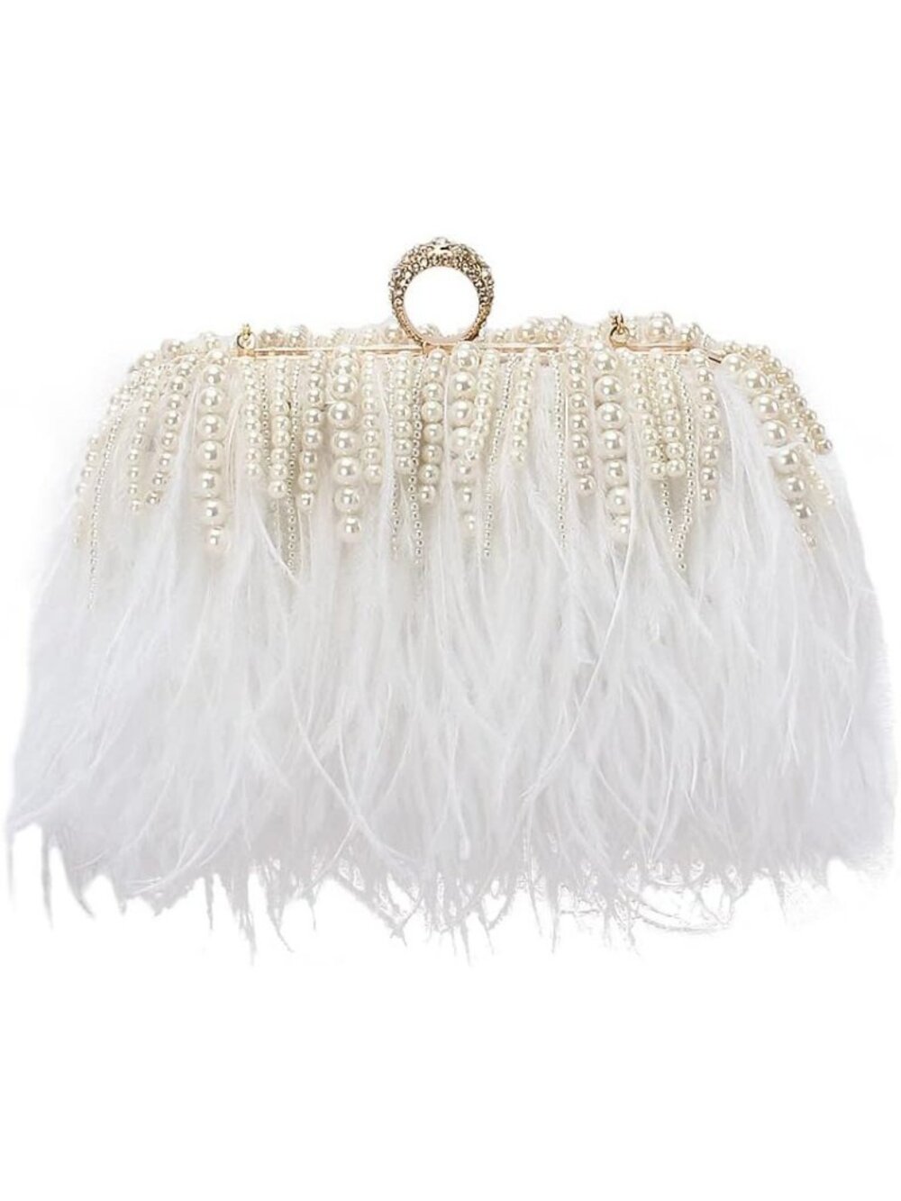 Women's White Pearl Clutch Purses Real Natural Ostrich Feather Evening Handbag